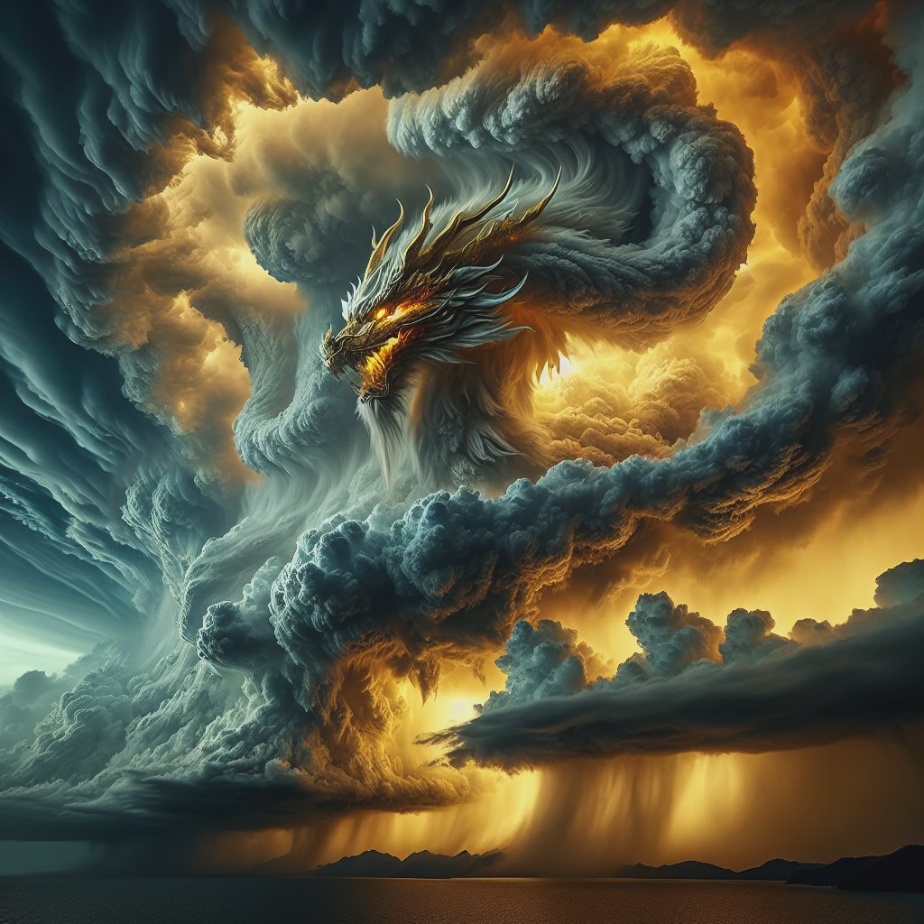 A dark stormy sky with a golden dragon emerging from the clouds