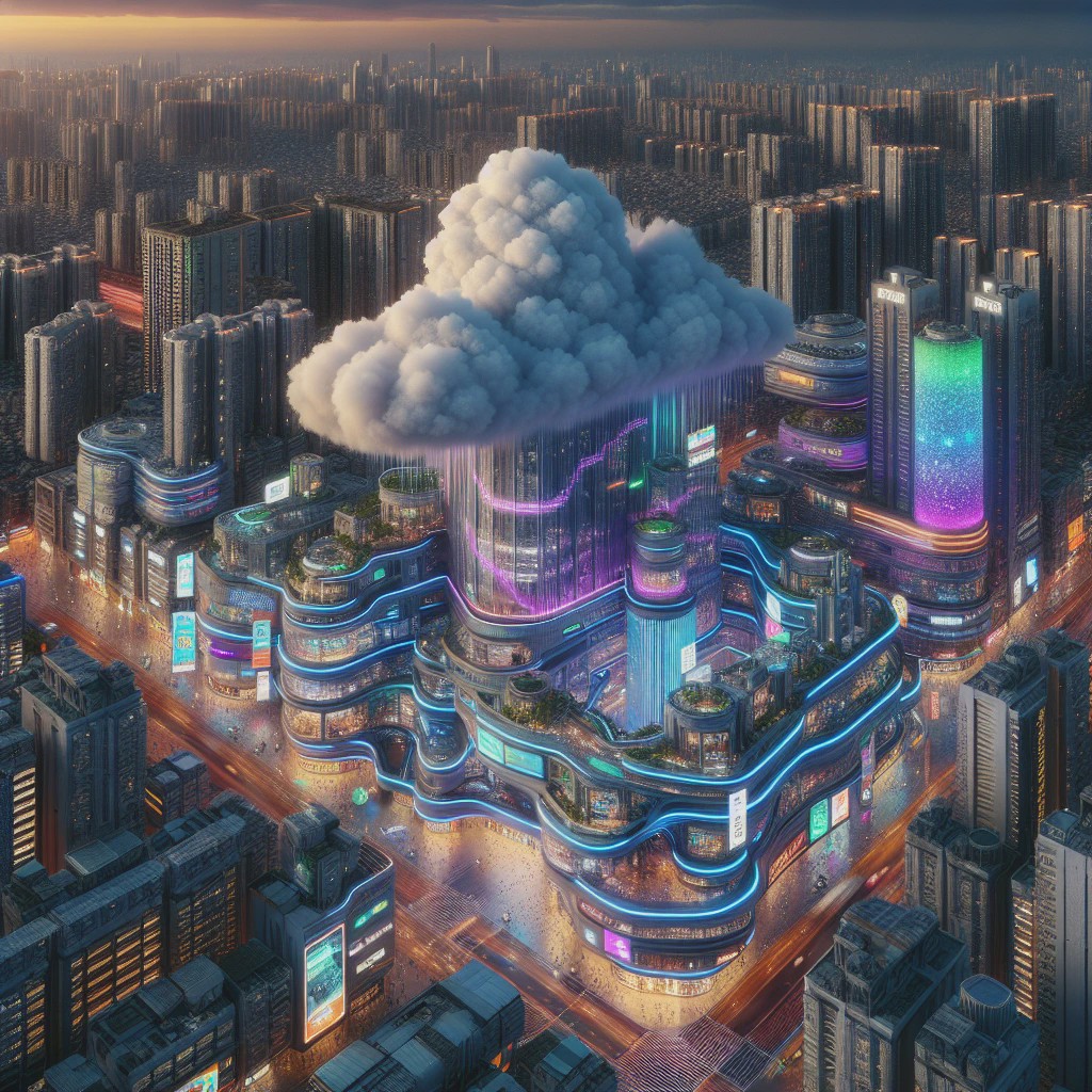 A shop with a cloud-shaped building in the center, neon lights, billboards, and technology